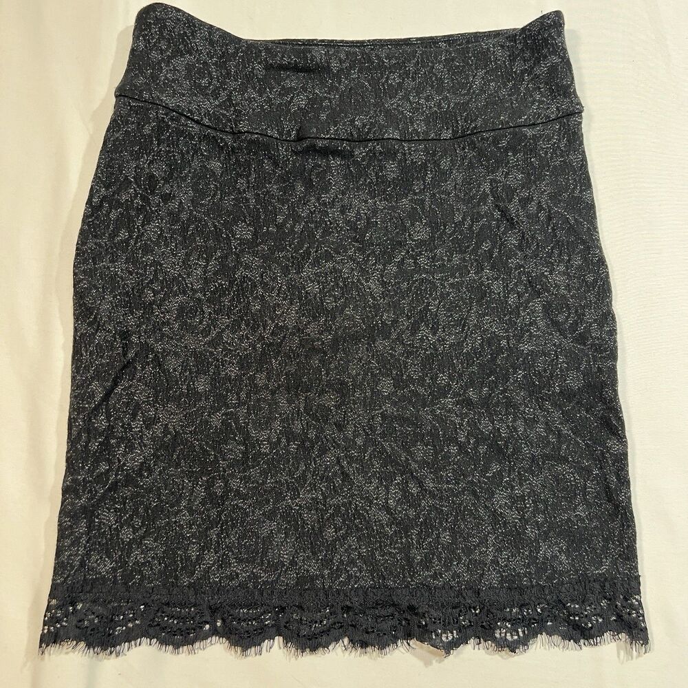 Margaret M Lace Pencil Skirt Medium Petite MP Stretch Black Gray Office Classy